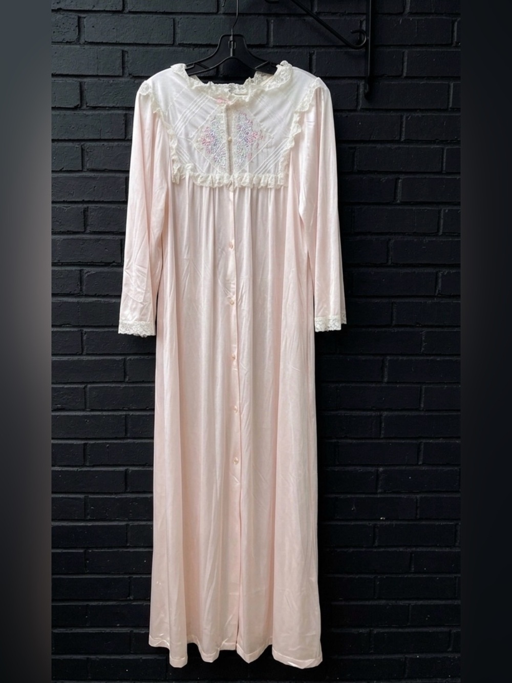 Samye Long Pale Pink Button-Front Nightgown with Lace Yoke